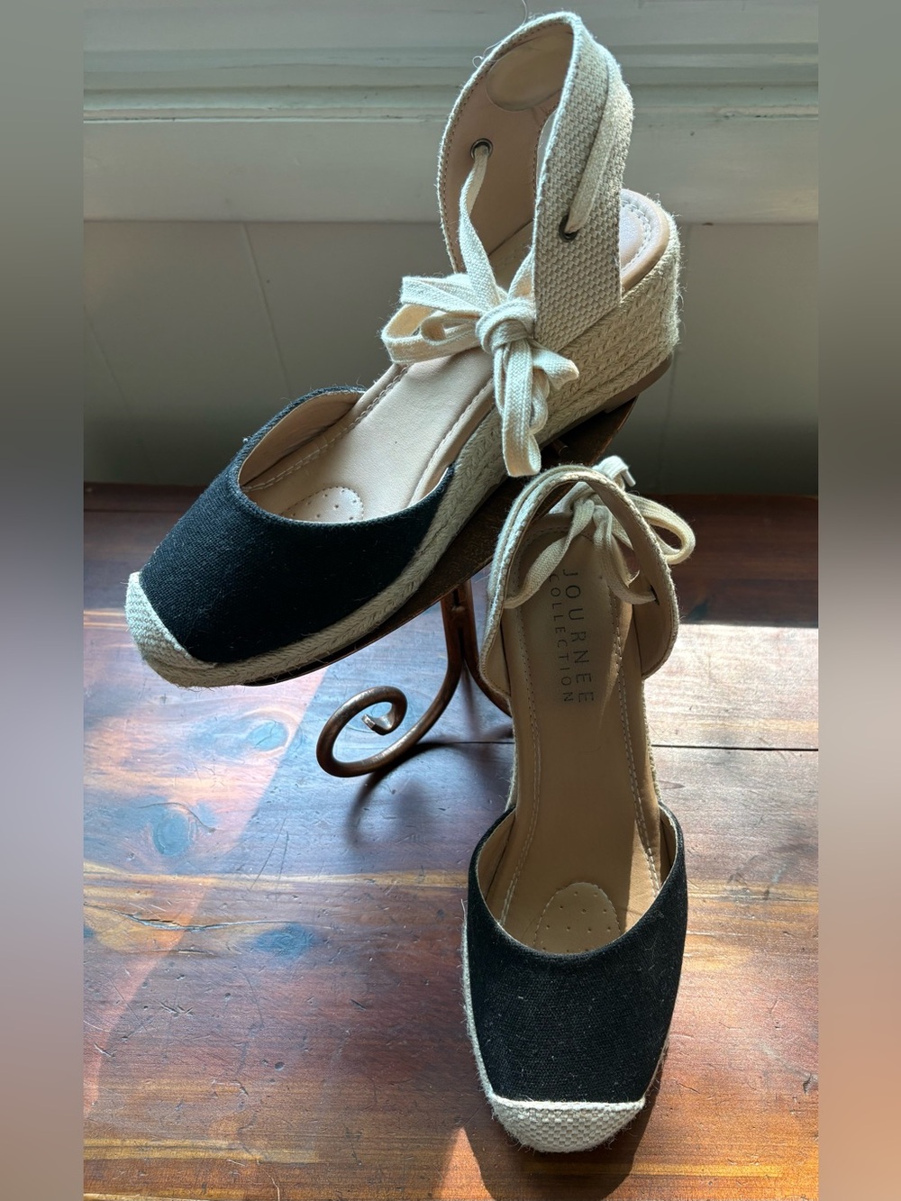 Journee Collection Black and Cream Canvas Espadrille Wedges